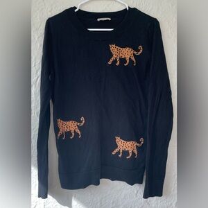 The Loft black / orange crewneck pullover sweater, tiger detail, split hem; M
